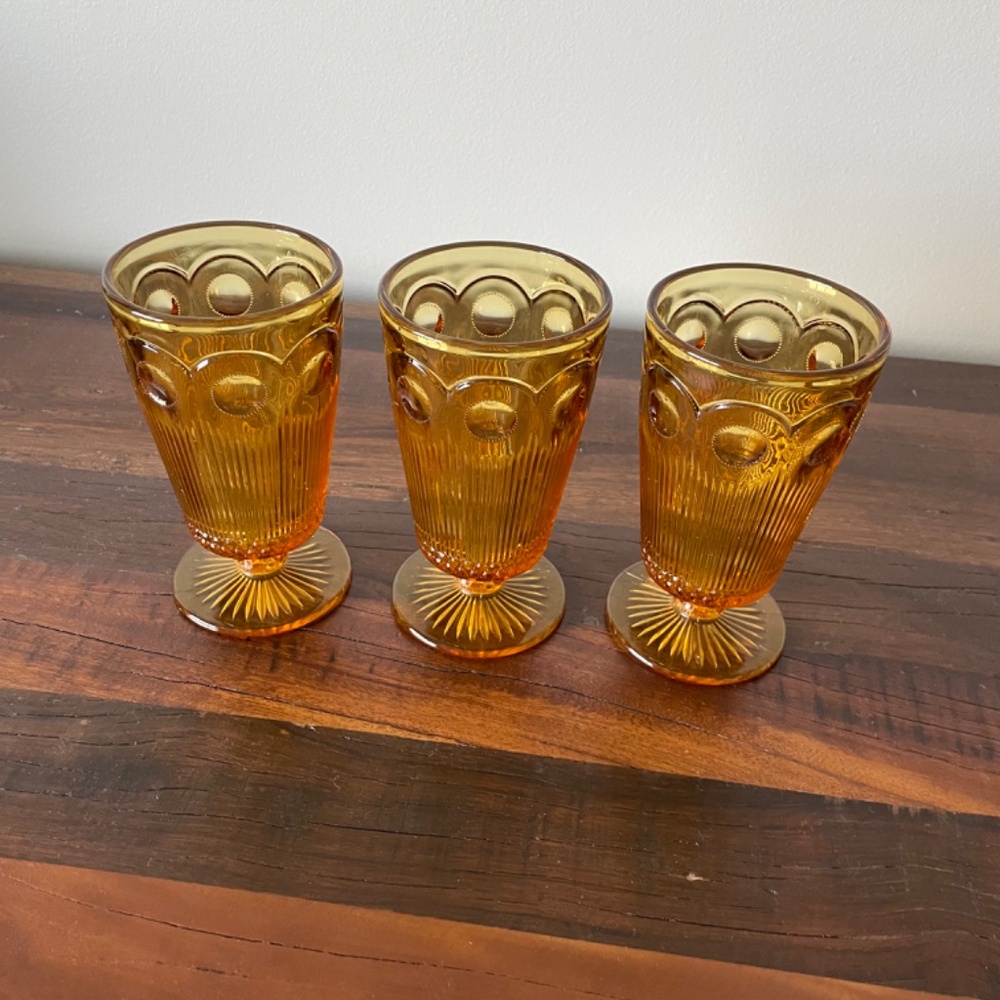 SOLD -3 Vintage Light Amber Imperial Glass Footed Iced Tea Water Glasses Goblets - Picture 2 of 11
